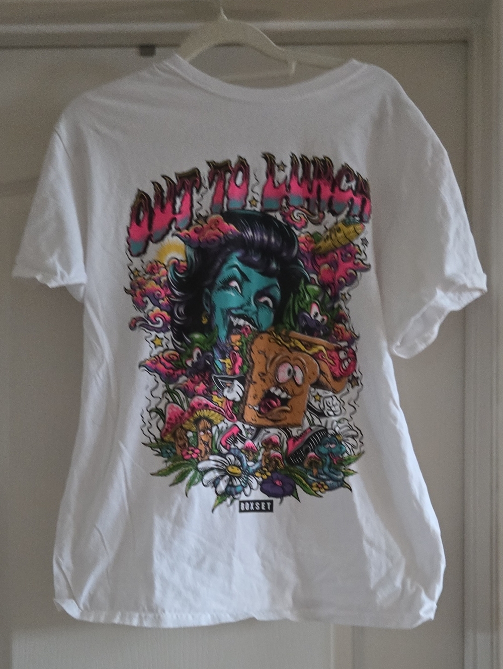 White Graphic Tee with Colorful Cartoon Print